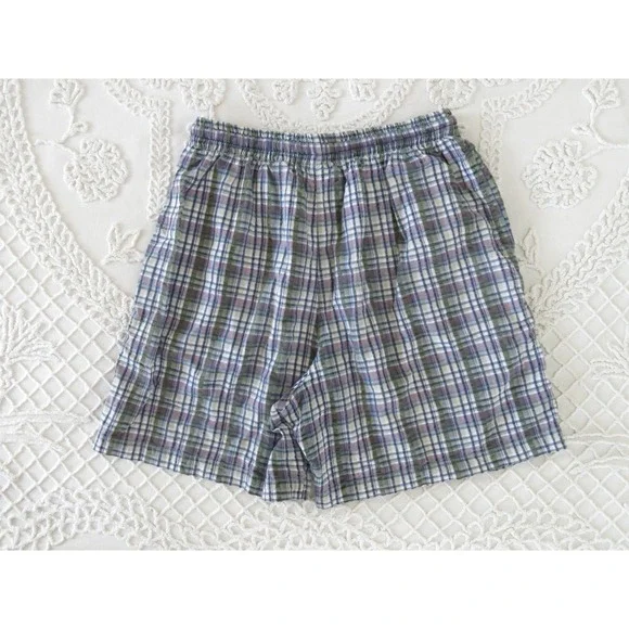 Vintage 90s Ericka & Co Madras Plaid Cotton Baggy Long Shorts Drawstring Small - Picture 2 of 6